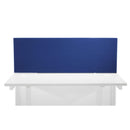 Blue straight upholstered desktop screen by TC, with a fabric-covered panel and sleek design for office privacy.