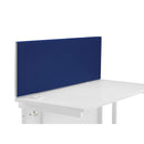 Blue straight upholstered desktop screen by TC, front view showing fabric-covered panel for office workspace privacy.