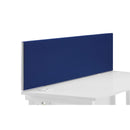 Blue straight upholstered desktop screen by TC, showing a front view with a sleek fabric-covered surface and sturdy frame.