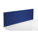 Blue TC straight upholstered desktop screen with fabric covering, designed for office privacy and workspace separation.