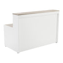 Gray oak TC reception unit with sleek design and storage compartments, shown from the back in the image.