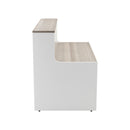 Side view of TC Reception Unit in Grey Oak finish, showcasing modern design and sleek storage features.