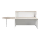 Front view of TC Reception Unit in Grey Oak finish, featuring a modern design with a spacious countertop and storage compartments.