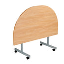 Front view of the TC One Eighty D-End tilting table in beech wood, showcasing its sleek design and functional tilting feature.