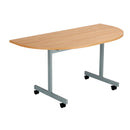 Front view of the TC One Eighty D-End Tilting Table in beech wood, showcasing its sturdy construction and tilting mechanism.
