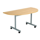 Front view of the TC One Eighty D-End Tilting Table in Nova Oak finish, showcasing its sleek design and sturdy construction.