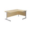 Front view of TC Office single upright radial desk in maple wood finish, showcasing its sleek, modern design and spacious work surface.