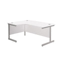 White TC Office Single Upright Radial Desk viewed from front at a 45-degree angle, showcasing its modern design and workspace surface.