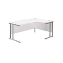 Front view of the TC Office Twin Upright Radial Desk in white, showcasing its clean, modern design and spacious workspace.