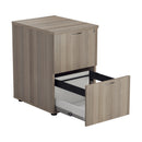 TC Essentials wooden filing cabinet in grey oak, front view with open drawers showcasing organized storage and sturdy construction.
