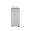 White Essentials wooden filing cabinet by TC with three drawers and metal handles, shown from the front.