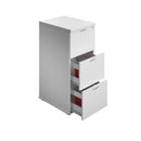 TC Essentials wooden filing cabinet in white with open drawers showing organized files and storage compartments.