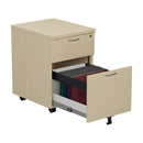 TC Mobile Pedestal in maple wood with two drawers, featuring a sleek, modern design for office storage and organization.