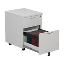 White TC Mobile Pedestal with open filing drawers and casters, designed for office storage and organization.