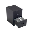 Black TC Steel Filing Cabinet with two open drawers, front and top view, sturdy metal office storage unit.