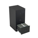 Black TC Steel Filing Cabinet with three drawers, shown open from front and above, sturdy metal construction for office storage.