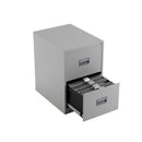 Front view of a grey TC Steel Filing Cabinet with two open drawers, showing metal construction and organized storage compartments.