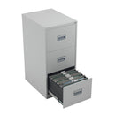 Front view of TC Steel Filing Cabinet in grey, showing open drawers with silver handles, sturdy metal construction.