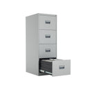 TC Steel Filing Cabinet in grey, front view with open drawers showing filing space and sturdy construction.
