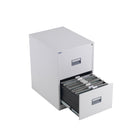 White TC Steel Filing Cabinet with two open drawers and metal handles, shown from a front angled view.