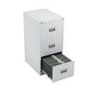 Front view of a white TC Steel Filing Cabinet with open drawers showing metal interior and secure handles.