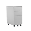 Front view of TC steel under desk pedestal with three drawers in silver finish, designed for office storage.