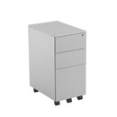 Front view of TC steel under desk pedestal with three drawers in silver finish, positioned beneath a desk.