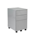 Steel TC 3-drawer under-desk pedestal in silver with front view, featuring sleek metal handles and compact storage design.