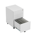 White TC 3-drawer under desk steel pedestal with open front view showing drawers and sturdy construction.