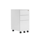 Front view of TC white steel under-desk 3-drawer pedestal cabinet with sleek design and sturdy construction.