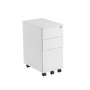 Front view of TC white 3-drawer under desk steel pedestal with handles, shown from above at a slight angle.