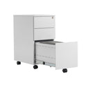 White TC 3 drawer under desk steel pedestal with open front drawers showing organizational compartments.