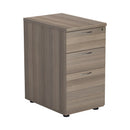 Gray oak Essentials Desk High Pedestal by TC, featuring multiple drawers and a sturdy design for office organization.