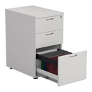 White TC Essentials Desk High Pedestal with open drawers and organized files, designed for office storage and workspace organization.