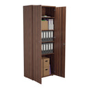 Dark walnut wooden cupboard with open doors, showing interior shelving, from TC Essentials designed for organized storage.
