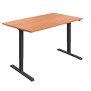 Economy single motor sit-stand desk in beech and black finish, 1200mm wide, with adjustable height and sleek modern design.