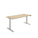 Front view of the TC Core Dual Motor Sit Stand Desk in Canadian Oak, showcasing the sleek wooden surface and adjustable height mechanism.