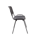 Side view of TC Canteen Chair in black with a sturdy metal frame and wooden seat, showcasing its simple, functional design.