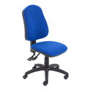 Front view of the TC Calypso 2 Deluxe Operator Chair with red fabric upholstery and adjustable armrests.