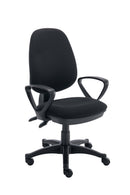 Front view of the TC Versi 2 Lever Operator Chair with black and beige fabric upholstery, ergonomic design, and adjustable features.