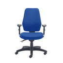 TC Call Centre Chair with red fabric upholstery, adjustable armrests, and ergonomic design, shown from the front.