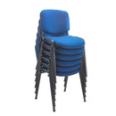 Two TC Office Club Meeting Chairs in red fabric with black metal frames, stacked together for storage.