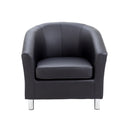 Front view of TC Tub PU armchair with metal feet, featuring a modern design and plush upholstery in black.