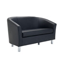 Black tub-shaped PU sofa with metal feet from TC, shown from front view with plush cushions and sleek modern design.