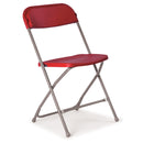 Blue TC flat back folding chair with metal frame and padded seat, folded for easy storage and transport.