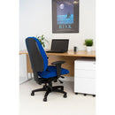 TC Vista high back chair with upholstered red fabric, wooden armrests, and a sturdy metal base, designed for office comfort.