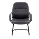 TC Canasta Visitor Chair with a black cushioned seat and wooden armrests, shown from the front view.
