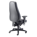 Black leather office chair with cheetah print accents, ergonomic design, and adjustable height from TC, viewed from the back.