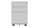 Steel pedestal with a silver finish designed for under desk storage, featuring multiple drawers and a compact, sturdy design.