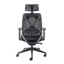 Black Maldini high back mesh chair by TC with ergonomic design and supportive headrest, shown from the back.